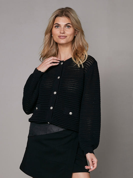 Classic Knit Blouse with Airy Lace Pattern and Decorative Buttons – Black
