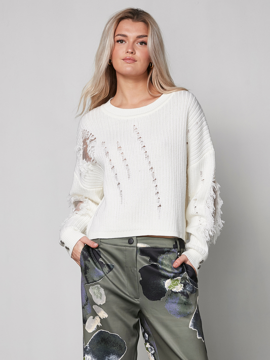 Knit Sweater with Decorative Slits and Light Airy Knit – Creme