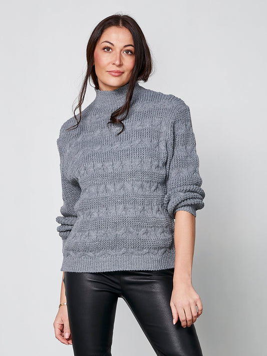 Knit Sweater with High Neck, Textured Design, and Ribbed Cuffs – Grey