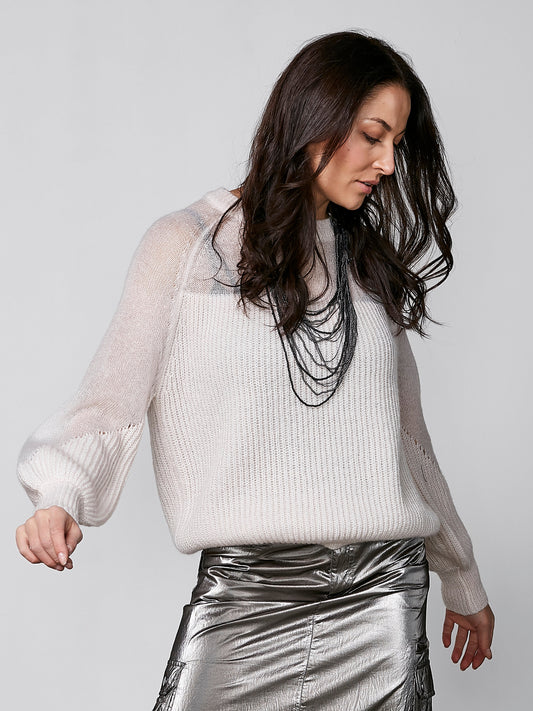 Knit Sweater with Slightly Transparent and Voluminous Sleeves – Bone